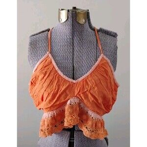 American Eagle Halter Tank Top Women's Crochet Lace Trim Orange Boho Sz M NWT